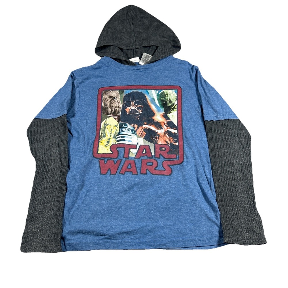 Star Wars Long Sleeve Hooded Shirt Boys Youth Size L Blue Grey Graphic Tee